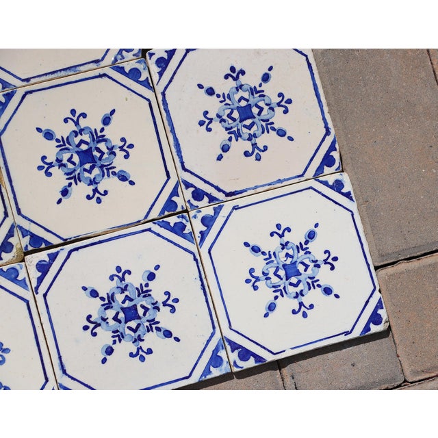 Antique 1920s Portuguese Ceramic Tiles With Stylized Art Deco Rosette Motif Set of 14 For Sale - Image 13 of 18