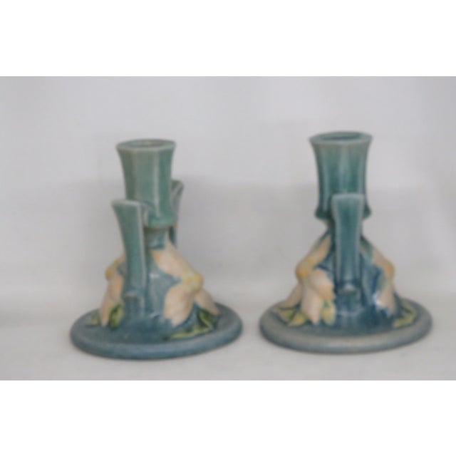 Roseville Pottery Clematis Ceil Blue Candlestick Holders 1159 a Pair 4687b For Sale In Miami - Image 6 of 15