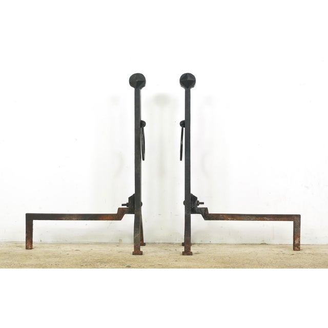 Pair of Antique Arts & Crafts Wrought Iron Andirons For Sale - Image 6 of 8
