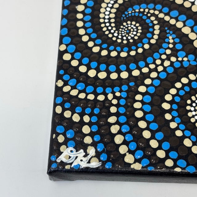 Abstract Original Signed Dot Mandala Painting Handpainted Acrylic Canvas Blue Swirl Art For Sale - Image 3 of 6