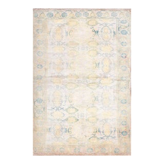 1920s White Cream Medallioni Antique Indian Cotton Agra Rug 4'2" X 6'4" Handknotted Wool Carpet For Sale