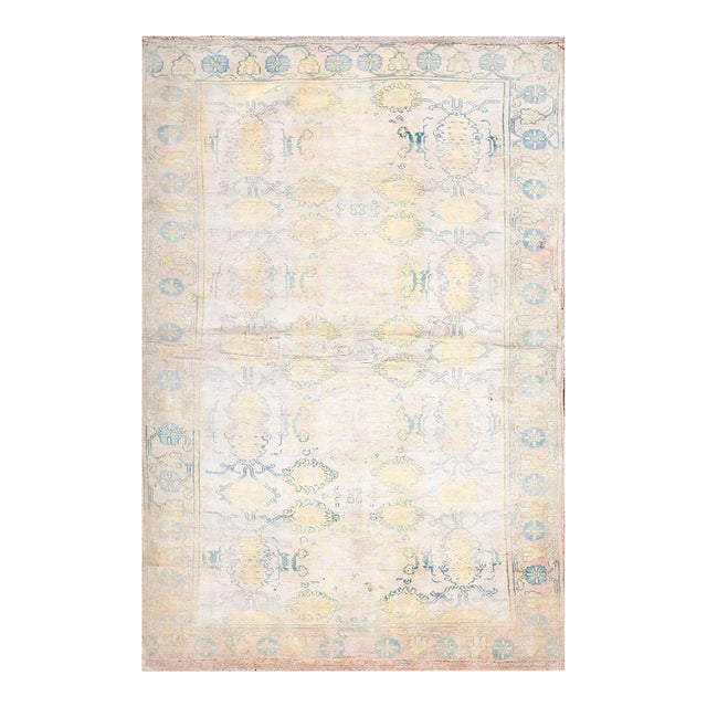 1920s White Cream Medallioni Antique Indian Cotton Agra Rug 4'2" X 6'4" Handknotted Wool Carpet For Sale