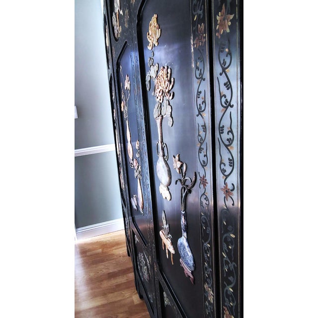 1900s Chinese Six-Panel Carved Hardstone Lacquered Coromandel Screen For Sale - Image 15 of 18