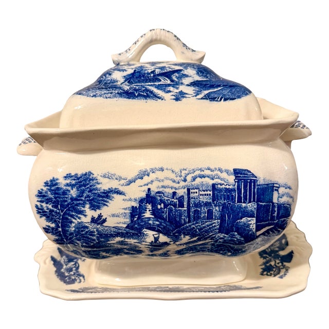 Trimont Ware Blue and White Castle Transfer Tureen Set - 3pcs For Sale