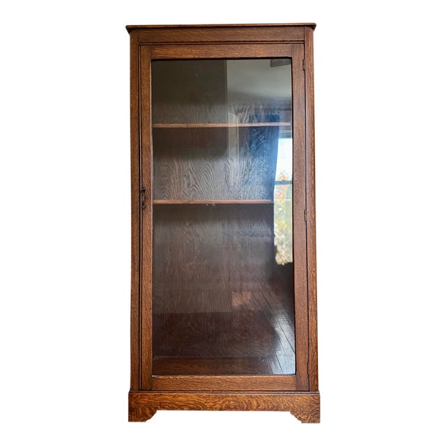 Antique Arts & Crafts Tiger Oak Single Door Bookcase / China Cabinet For Sale