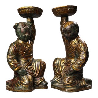 Vintage Chinese Bronze Oil Lamps - Gilt Inlay Boy & Girl Figures - Pair For Sale
