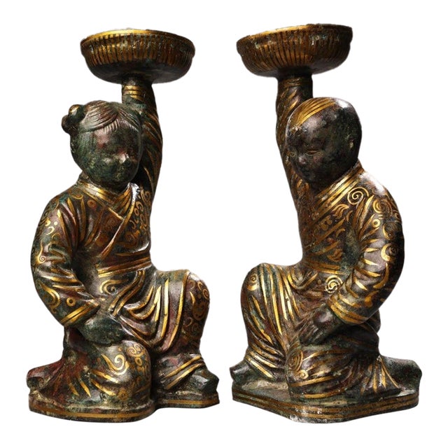 Vintage Chinese Bronze Oil Lamps - Gilt Inlay Boy & Girl Figures - Pair For Sale