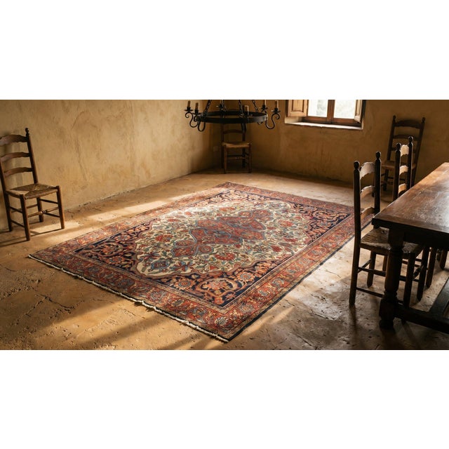 1880s Ivory Red Medallion Antique Sarouk Farahan Rug 4'8" X 6'4" Hand Knotted Wool Carpet For Sale - Image 10 of 10