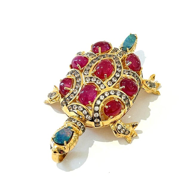 Bochic "Orient" Vintage Retro Multi Ruby, Diamond & Opal Brooch Set 18K Gold For Sale - Image 16 of 17