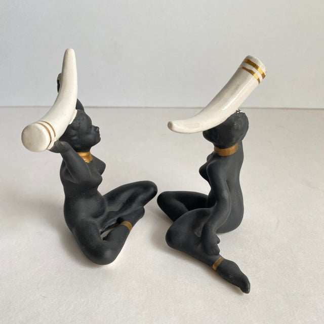 Vintage 1950s Female Nude Ceramic Figurines African Tribal Women Japan a Pair For Sale - Image 9 of 12
