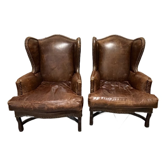 Vintage Barclay-Butera Brown Leather Wingback Chairs With Brass Nailhead Trim, a Pair For Sale