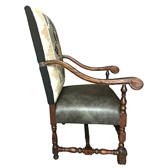 Antique 19th Century Hacienda Chair Reupholstered With Vintage Oaxaca Zapotec Tapestry and New Leather For Sale In Saint Louis - Image 6 of 9