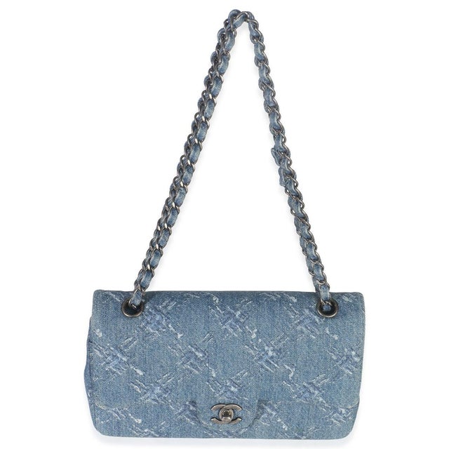 Blue Blue Bleached Chain Printed Denim Medium Classic Double Flap Bag For Sale - Image 8 of 9
