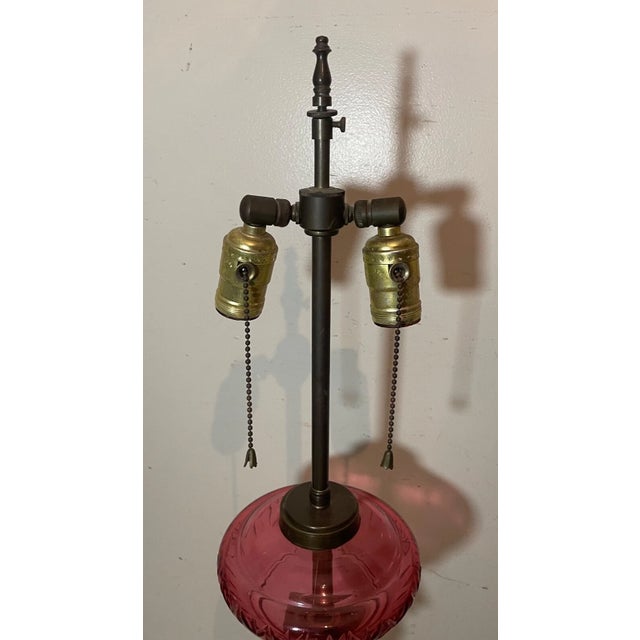 Antique Ornate Gilt Bronze Cranberry Cut Glass Electrified Oil Pillar Table Lamp For Sale - Image 10 of 12