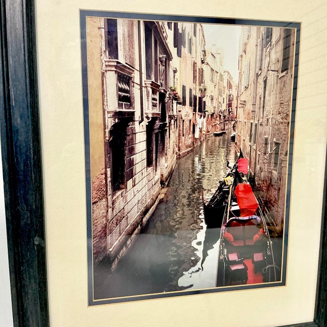 1980s Vintage Italian Boho Chic Cityscape Canal With Red Gondola at Dock Framed Photography For Sale - Image 11 of 18