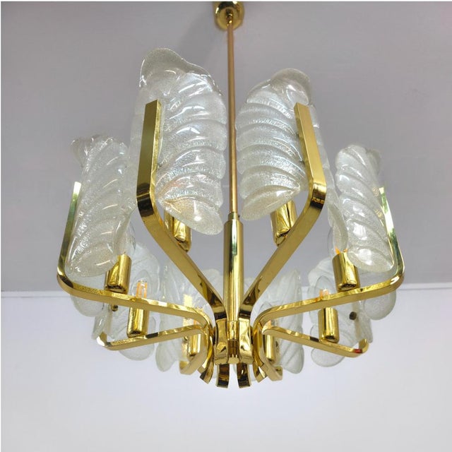 Murano Glass Leaf and Brass 8-Light Chandelier by Carl Fagerlund for JBS, in Very Good conditions. Designed 1960 to 1969 I...