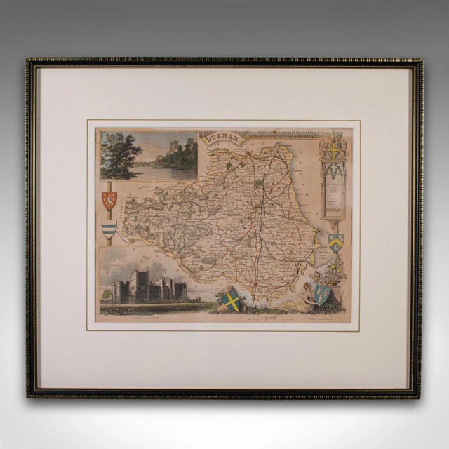 This is an antique lithography map of County Durham. An English, framed atlas engraving of cartographic interest, dating...