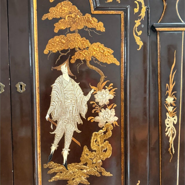 Wood Bookcase with Secretaire in Dark Brown Chinoiserie Lacquer For Sale - Image 7 of 18