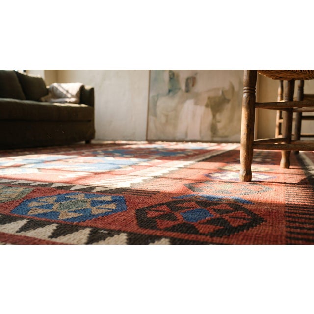 Textile 1890s Red Geometric Tribal Antique Kilim Oushak Rug 4'10" X 9'7" Flatweave Wool Carpet For Sale - Image 7 of 7