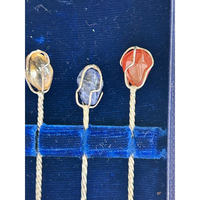 Silver Vintage Semi-Precious Stone Cocktail Picks With Silver Coin Spoon & Presentation Box, Set of 7 For Sale - Image 8 of 8