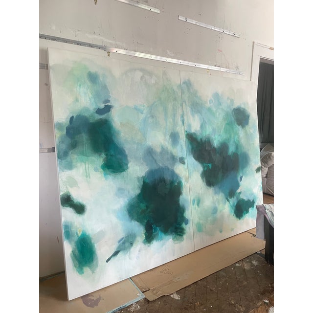“But Still, You” Large Lyrical Abstraction Diptych Painting in Ethereal Greens and Blues by Stacey Warnix For Sale - Image 16 of 16