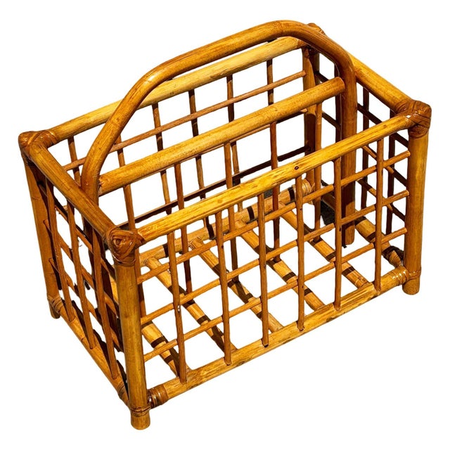 Yellow Restored Mid 20th Century Geometric Reed Rattan Pattern Rattan Magazine Rack For Sale - Image 8 of 9