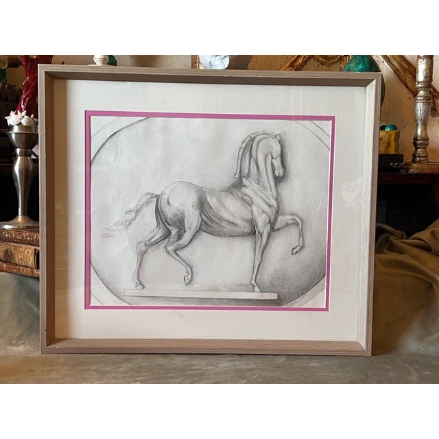 Framed Vintage Hand Drawing of Sforza Horse After a Leonardo Da Vinci's Sketch For Sale - Image 4 of 12
