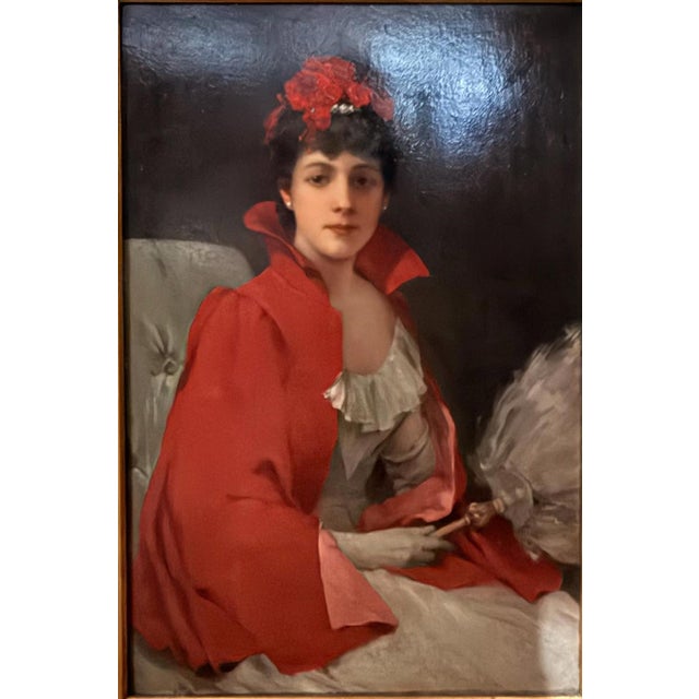 42" Signed William Henry Hyde ANA Gilded Age Oil Portrait, Socialite in Red Cloak and Ostrich Fan, Antique Gold Frame,...
