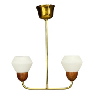1960s Swedish Modern, Pendant Light, Teak, Opal Glass, Brass For Sale