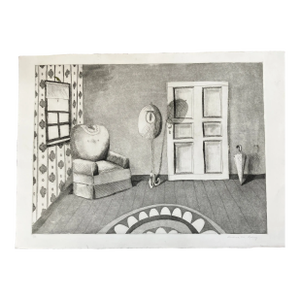 1980’s Original Lithograph Print Fanciful Patterned Room Signed
