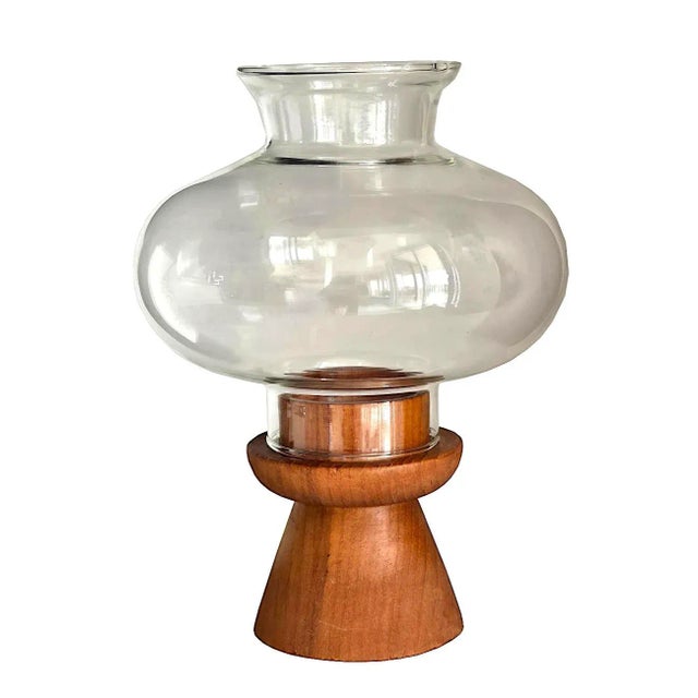 Chestnut Mid 20th Century Teak Wood Hurricane Candle Holder With Glass Chimney For Sale - Image 8 of 9