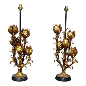 Pair Vintage Italian Lotus Flowers Gold Tole Marble Table Lamps Made in Italy