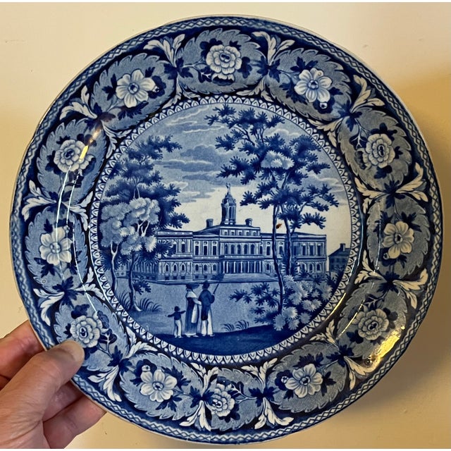 Antique 19th century Ridgway historical blue transferware plate depicting New York City Hall as part of their "Beauties of...
