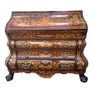 18th Century Dutch Marquetry Inlaid Bombe Secretary With Chest of Drawers For Sale