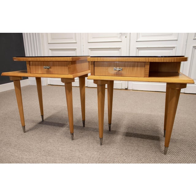 1940s French Art Deco Nightstands with Brown Mirrored Glass Tops in Birch, 1940s, Set of 2 For Sale - Image 5 of 8