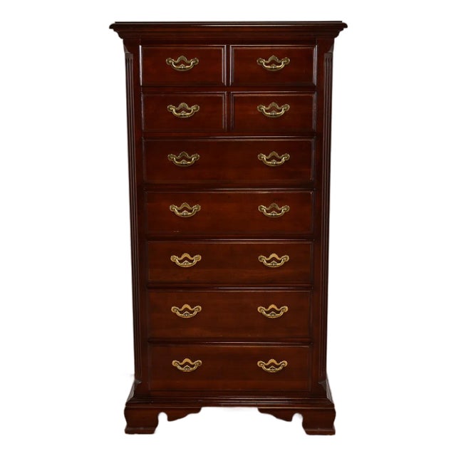 1980s Thomasville Georgian Carved Cherry Wood Lingerie Chest or Highboy Dresser For Sale