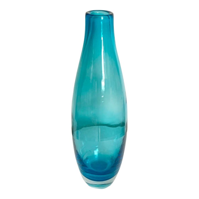 Modern Minimalist Turquoise 15” Tall Art Glass Vase For Sale