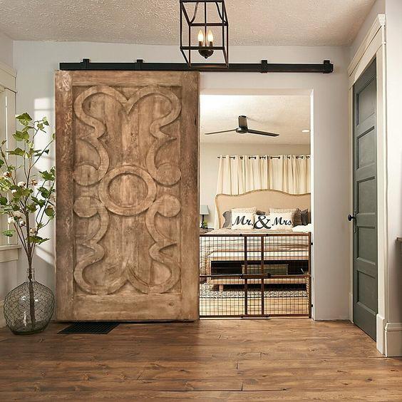 Farmhouse Rustic Hand-Carved Solid Wood Barn Door – Classical Scroll Pattern For Sale - Image 3 of 8