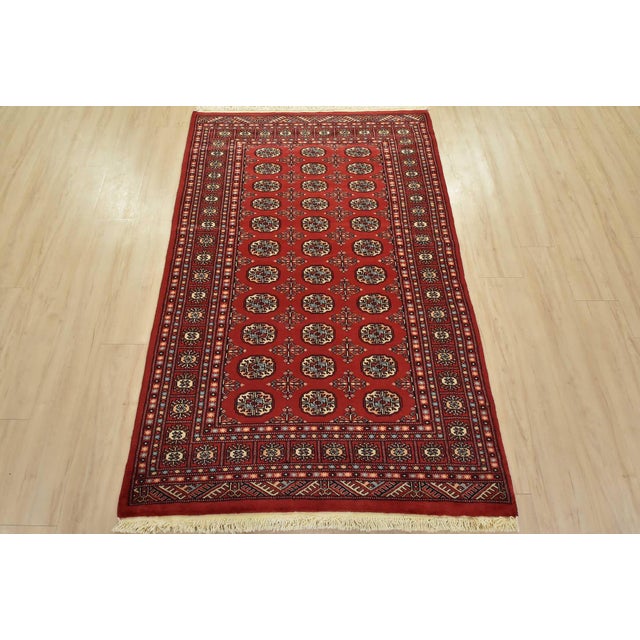 Tribal Bokhara Rug 4’1” X 6’4” Red Wool Tribal Hand-Knotted Oriental Carpet For Sale - Image 3 of 11