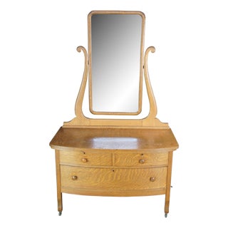 Antique Victorian Quartersawn Oak Wishbone Mirror Vanity Dresser Washstand 70" For Sale