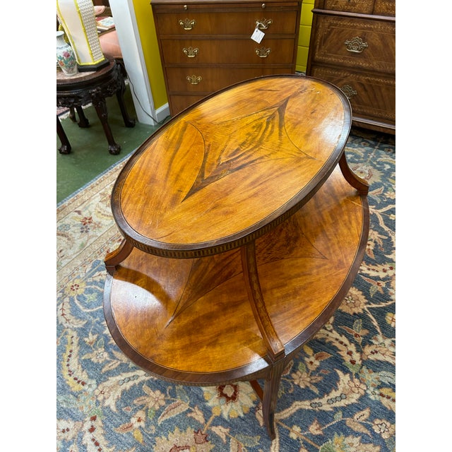 Gorgeous details abound with this antique Edwardian style two-tier butler's table. Beautiful inlays, matchbooking, hand...