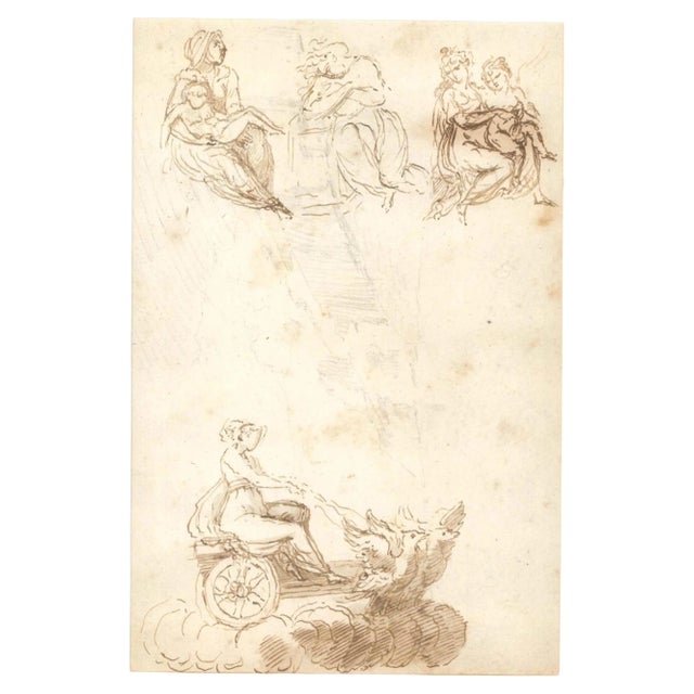 Virgin on a Winged Cart, Original Ink and Watercolor, 18th Century For Sale