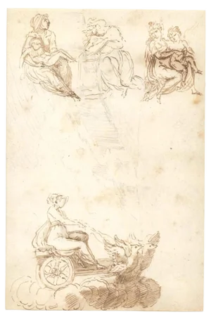 Virgin on a Winged Cart, Original Ink and Watercolor, 18th Century