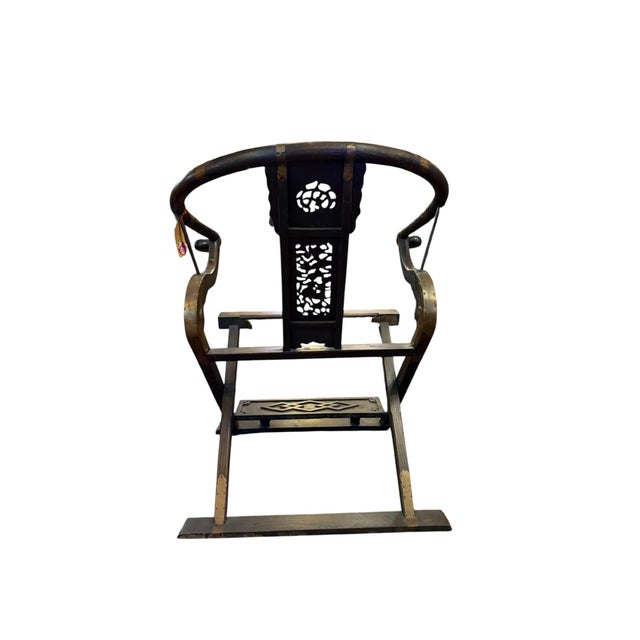 Antique Chinese Huanghuali Horseshoe Back Folding Throne Chair This Chinese Huanghuali brass mounted folding horseshoe...