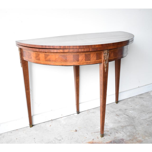 Sheraton Antique French Louis XVI-Style Marquetry & Ormolu Flip-Top Demilune Card Table For Sale - Image 4 of 13