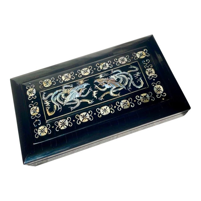 Antique Korean Mother-of-Pearl Inlaid Lacquer Smoking Box – Wabi Sabi Phoenix Motif For Sale