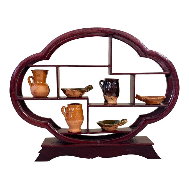 Asian Chinese Wooden Display Shelf Stand W/Six Clay Set 8.5" H For Sale