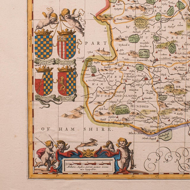 Antique Map of Surrey, English, Framed County Cartography, After Blaeu, c.1690 For Sale - Image 6 of 12