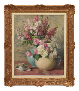 Jane Nérée-Gautier, Still Life with Vase of Roses, Early 20th Century, Oil on Canvas, Framed