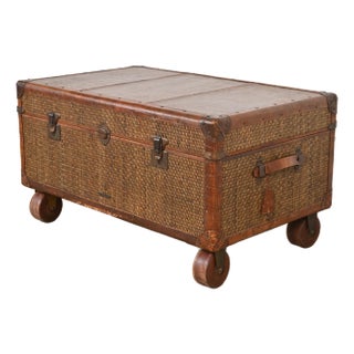 Late 20th Century Baker Furniture Campaign Rattan and Leather Trunk Coffee Table For Sale